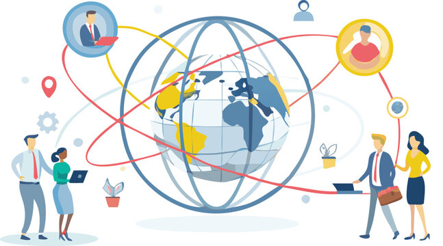 Global network illustration showing people connected around the world with lines and a globe image