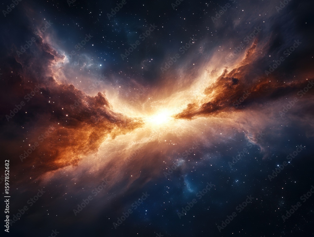 Poster cosmic explosion in deep space showcasing vibrant colors and swirling clouds of gas and dust through