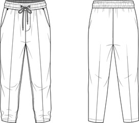 Front and back technical flat sketch jogger pants design, vector outline, fashion template, drawstring waist, elastic cuffed hem