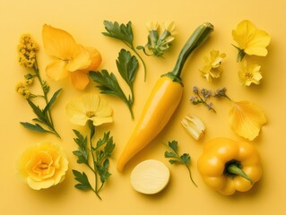Bright arrangement featuring yellow vegetables and flowers on a yellow background showcasing vibrant colors and natural beauty
