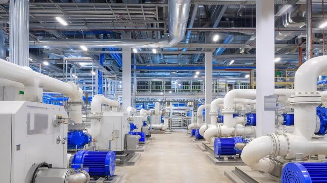 Energy-efficient data center cooling infrastructure featuring advanced chilled water pipes and fans.