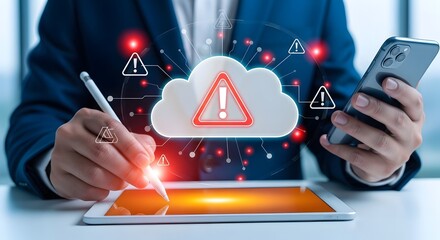Businessman using tablet and smartphone with cloud computing and warning icons.