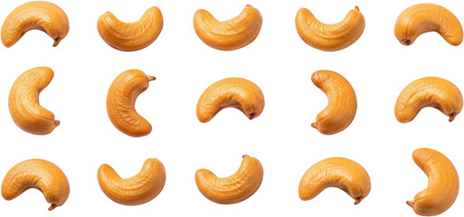 Fifteen Roasted Cashew Nuts Arranged In Rows Against A Transparent Background Isolate