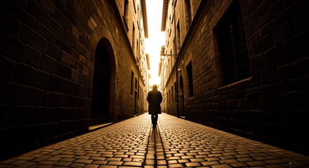 A person walks away down a narrow brick street with tall brick buildings facing light at the end