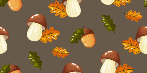 Forest Foraging Pattern Mushrooms Acorns Leaves