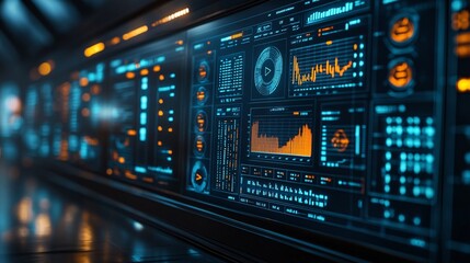 Obraz premium digital screen displaying business analytics in modern workspace, futuristic tone, professional color grading, natural shadows, shot with 85mm lens, mid-angle