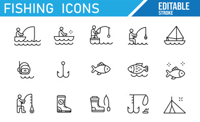 Icon Collection Featuring Fishing Rods, Boats, Fish, and Aquatic Adventures