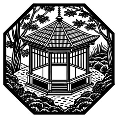 Fototapeta premium Stunning Black and White Japanese Garden Illustration