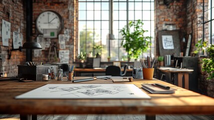 creative loft office interior with design tools and sketches on table, natural textures, motivational workspace, high-resolution detail, wide-angle lens