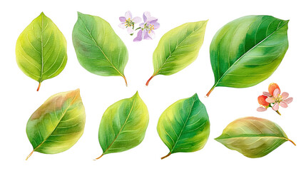 Fototapeta premium Watercolor flat-lay of plum leaves in varied positions isolated on transparent background
