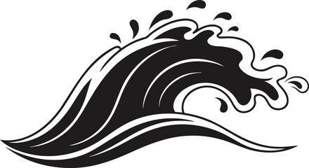Black and white stylized crashing ocean wave with splashes water