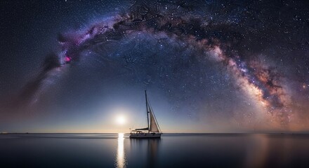 A lone sailboat drifts serenely on calm waters under a breathtaking, arching Milky Way galaxy, illuminated by a bright moon.