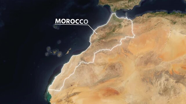 Zoom from Earth to Morocco. Glow outline map animation satellite view with highlighted country borders. Cinematic documentary 3d world map animation highlights aerial views, tourism, and travel. 4k