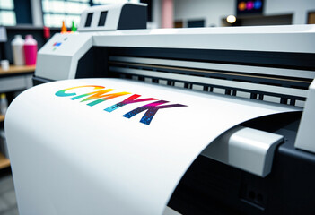 Large printing machine for paper business in printing room. Sublimation concept. Theme: Clear foreground, blurred background, CMYK print.