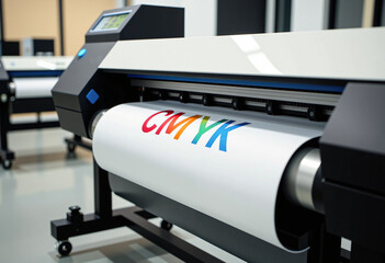 Large printing machine for paper business in printing room. Sublimation concept. Theme: Clear foreground, blurred background, CMYK print.
