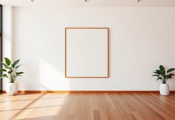 Empty minimalist room, large blank poster frame, simple decor,  graphic,  monochrome