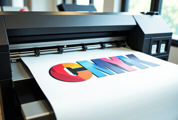 Large printing machine for paper business in printing room. Sublimation concept. Theme: Clear foreground, blurred background, CMYK print.