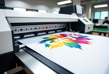 Large printing machine for paper business in printing room. Sublimation concept. Theme: Clear foreground, blurred background, CMYK print.
