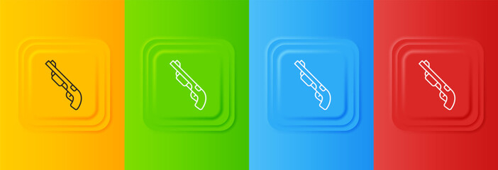 White Police shotgun icon isolated on colorful background. Hunting shotgun. Set icons in square buttons. Vector