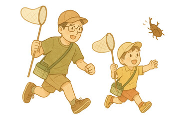 父と息子の夏の虫取り体験｜昆虫採集を楽しむ親子のイラスト素材