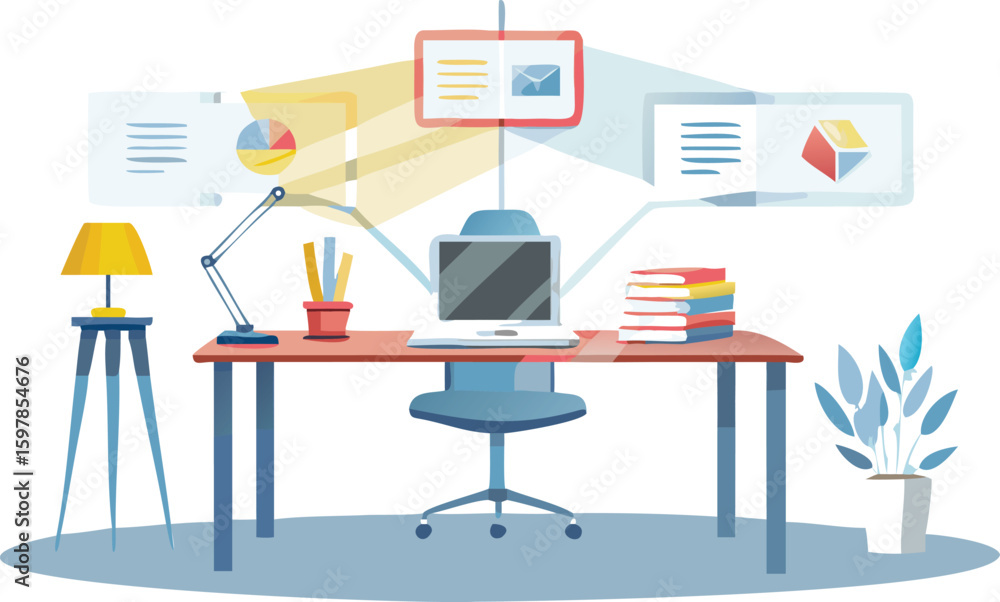 Poster illustration of a workspace with a computer desk chair and various work related objects present
