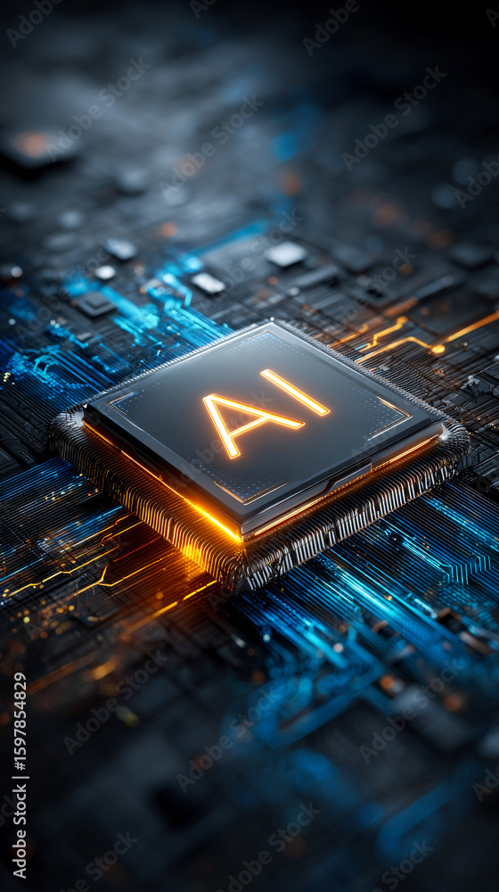 Poster a close-up of an ai chip on a computer mainboard