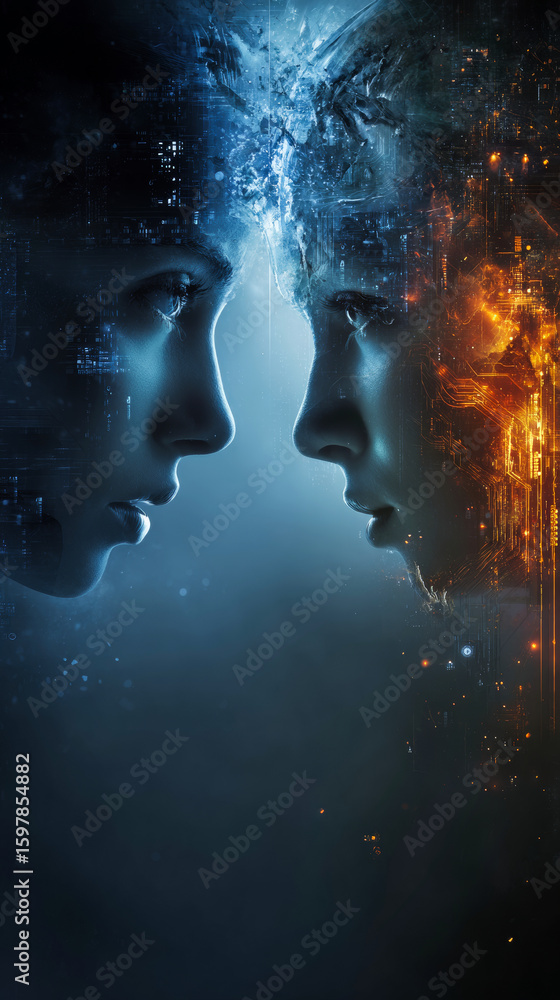 Poster a beautiful woman and an ai robot facing each other, concept of integration between humans and artif