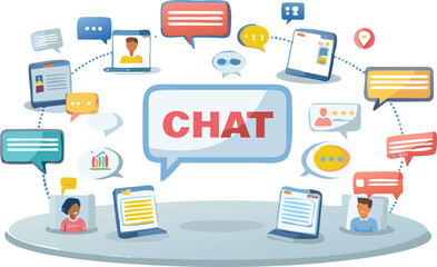 Illustration of devices and speech bubbles connected to a central chat bubble with text