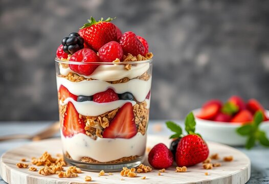 Layered yogurt parfait with fresh berries & crunchy granola, healthy dessert, breakfast, healthy dessert - Powered by Adobe