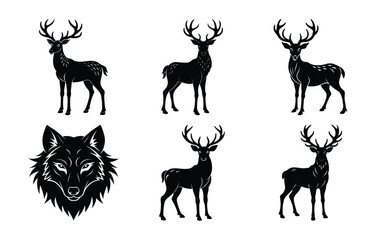 Fototapeta premium Vector art of several deer and a wolf head