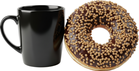 A black mug sits beside a chocolate glazed donut with crispy topping isolate