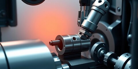 Robotic arm precisely loads metal parts from CNC lathe ,  manufacturing,   metal processing