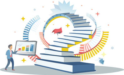 Man presenting data near spiral staircase leading to a star and a flag on a white background