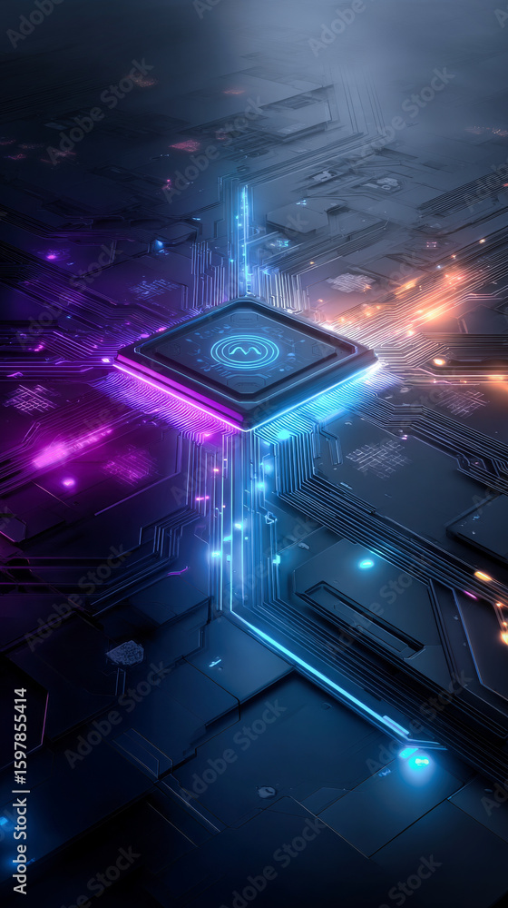 Poster a futuristic abstract technology background with neon lights and glowing circuit lines