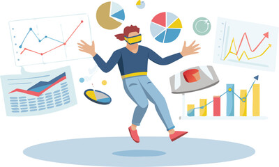 Person wearing vr headset surrounded by charts and graphs in a virtual reality data analysis scene
