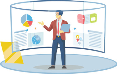 Man presenting data on a futuristic screen with charts and graphs in a modern presentation space