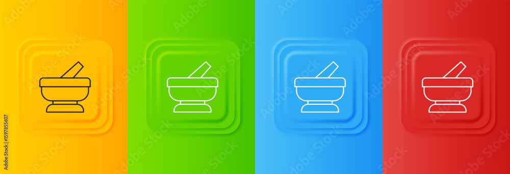 Poster white mortar and pestle icon isolated on colorful background. set icons in square buttons. vector