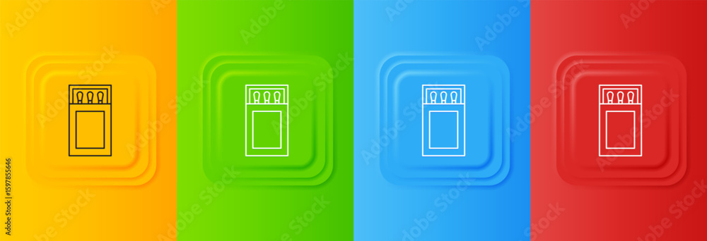 Poster white open matchbox and matches icon isolated on colorful background. set icons in square buttons. v