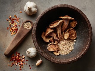 Fototapeta premium Preparing flavorful ingredients in a traditional mortar bowl at a rustic kitchen setting