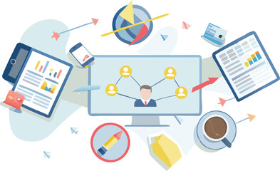 Illustration of a desktop screen showing network connections with various office supplies around it