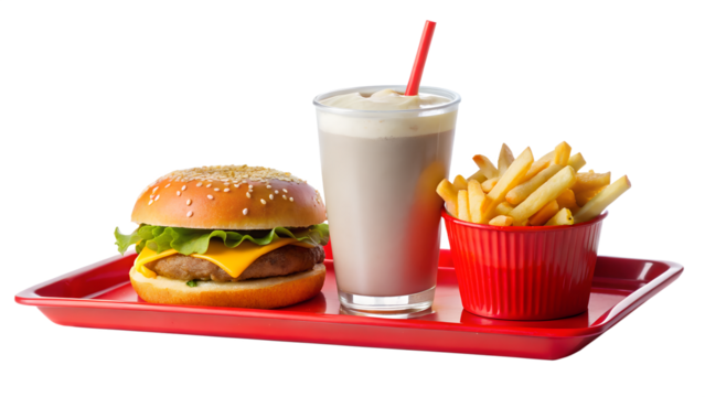 A tasty hamburger, milkshake, and french fries are presented on a red tray, isolated on transparent background