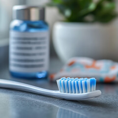 Close Up of White Toothbrush with Blue Bristles Next to Blue Mouthwash Bottle on Grey Counter