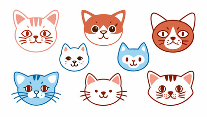 Funny Cat Animal Head Cartoon Set - Colorful Flat Illustration Style