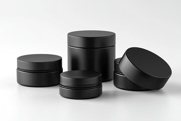 Stacked black cosmetic jars, various sizes