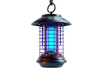 Hanging bug zapper lamp with blue UV light transparent background