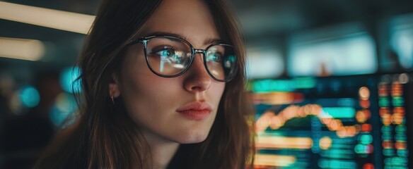 The thoughtful woman analyzing data on a high-tech finance screen.