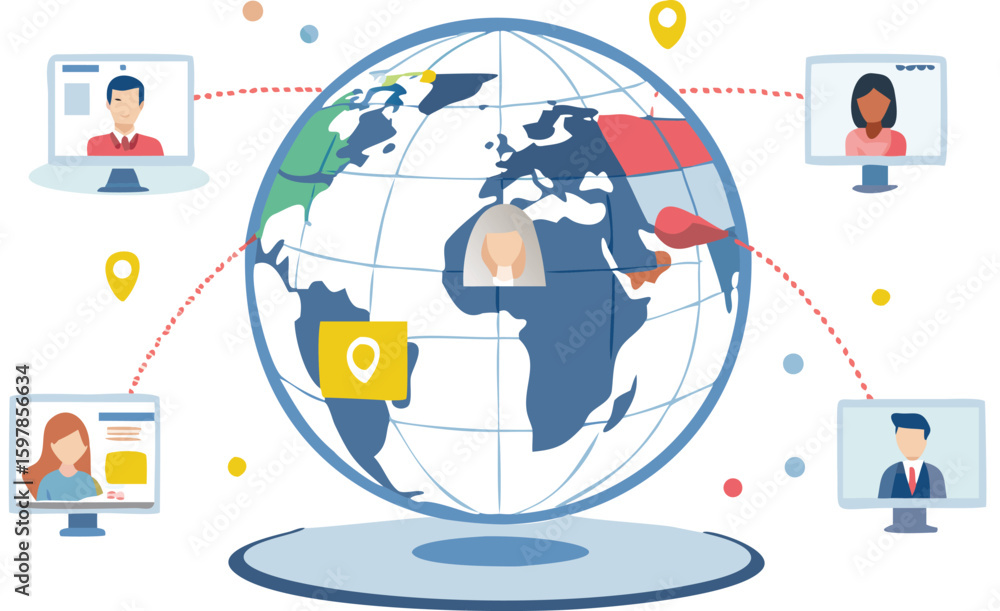 Poster global connections illustrated with monitors and world globe showing remote communication links arou