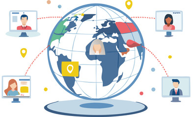 Global connections illustrated with monitors and world globe showing remote communication links around world