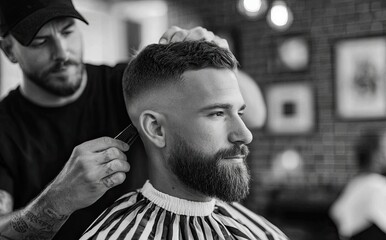 A handsome man with a beard is sitting in the barber's chair, getting his hair cut by another young man