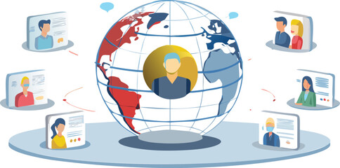 Global network connecting people through video calls around a world globe illustration design concept